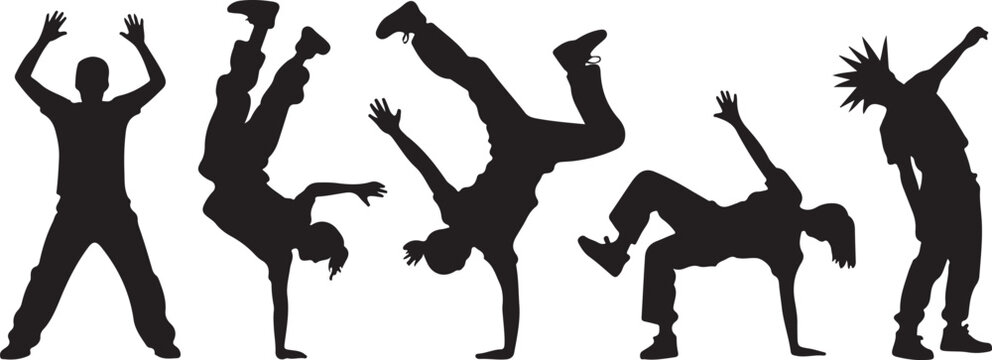 Silhouette people performing breakdance moves