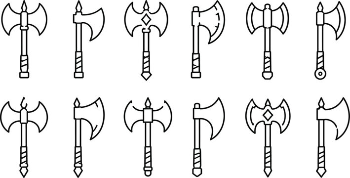 Black and white line of 12 various battle axes and hatchets line black and white tools