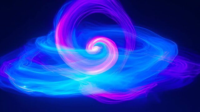 Abstract wave colourful vibrant flowing spiral light trail swirl on dark background with glowing motion energy elegant dynamic blue purple loop SEO background