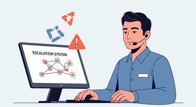 Man with headset at computer, escalation system graphic, warning icons