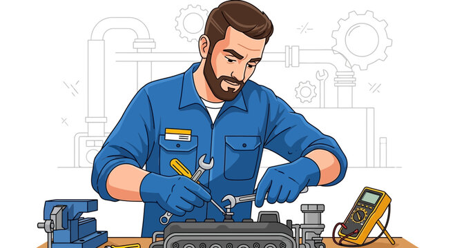 Mechanic working on engine repair with tools and multimeter