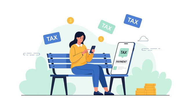 Woman paying taxes online via smartphone while sitting on a park bench with coins