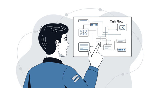 Person Analyzing Task Flow Diagram on Screen | Business Process Management