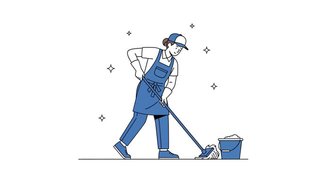 Person mopping floor with bucket, sparkling clean flat illustration