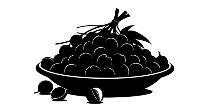 Black and White Lychee Fruit Silhouette in a Bowl Vector Illustration