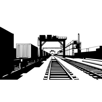 Black and White Silhouette of a Railway Freight Terminal with Cargo Containers