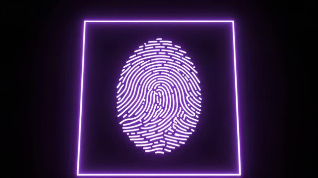 Animated fingerprint scan with neon square and light beams, security concept