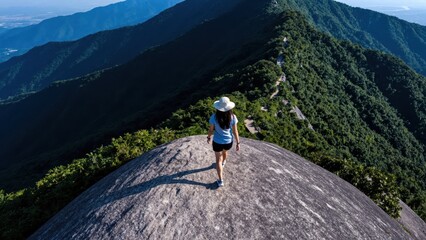 Journey Along the Mountain Ridge: An individual journeys along the edge of the world's most impressive landscape, walking on top of a mountain, surrounded by sprawling green scenery.
