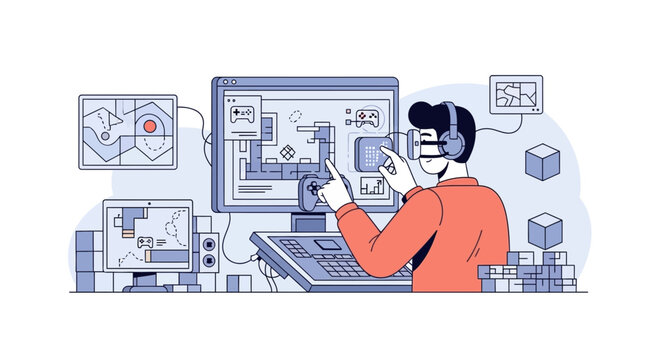 Game Developer Using VR Headset and Multiple Monitors for Game Design and Development