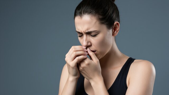 A Moment of Disgust: A woman, her face contorted in an expression of disgust, pinches her nose, suggesting a foul odor, embodying the human experience of revulsion.