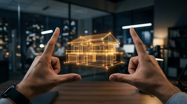 Futuristic digital house wireframe held by architect hands, glowing 3D smart home model, virtual reality real estate development concept