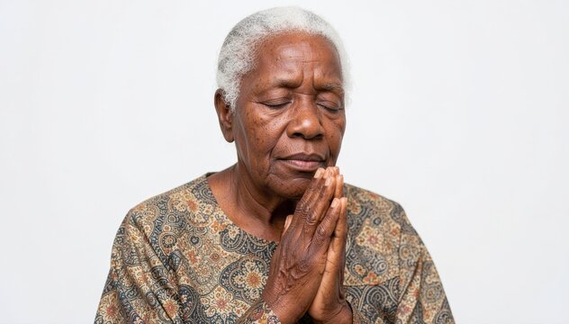 Silent Devotion: An elder woman with serene expression. Eyes closed, hands clasped in prayer, embodying the tranquility of faith and devotion.