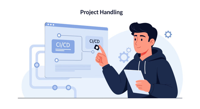 Man interacting with CI/CD pipeline interface, project handling concept