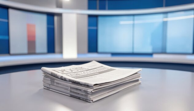 News Desk Focus: A stack of newspapers sits center stage on a sleek, modern news desk, with a backdrop of digital screens. Focus on current events
