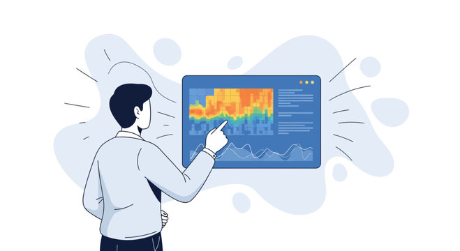 Man pointing at complex data analytics heatmap on screen, digital illustration
