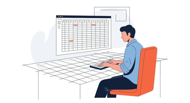 Man working on laptop at desk, digital spreadsheet on screen, minimal business illustration