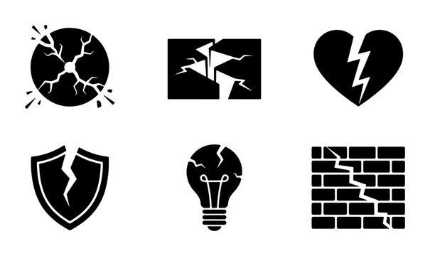 Set of 6 Black Icons Representing Damage, Breakage, and Failure: Cracked Sphere, Wall, Heart, Shield, Lightbulb, and Brickwork