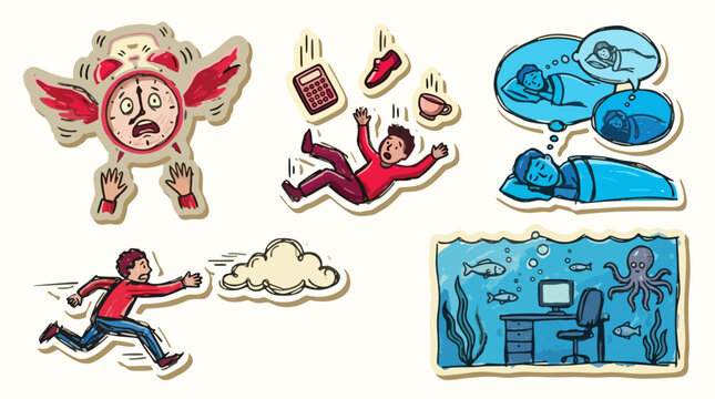 Surreal dreams and time concepts hand drawn doodle sticker set