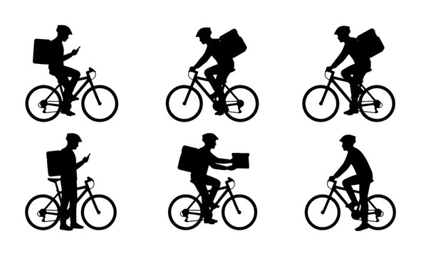 Bicycle Delivery Service Icons, Cyclist Silhouettes with Cargo Bags, Mobile Phone Use, Food Courier Actions, Vector Set for Logistics and E-commerce