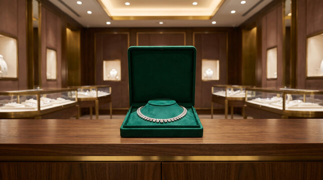 Elegant choker diamond necklace in green velvet case, symmetrical round cut stones, placed on dark wood display, upscale jewelry shop background, fashion accessory