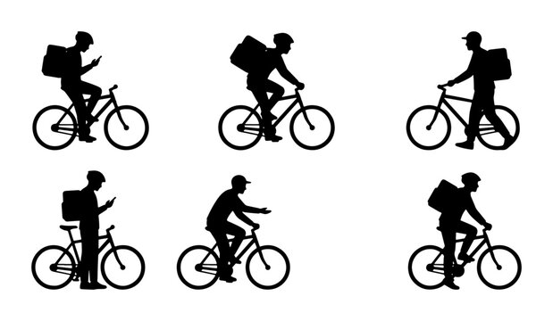 Delivery Cyclist Silhouettes Set, Food Courier on Bicycle, Mobile Phone Use, Urban Transport, Vector Icons Collection