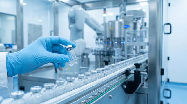 Gloved hand holding medicine vial, clear glass bottle in pharmaceutical plant, automated production line with robot, medical laboratory, industrial photography