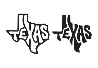 Bold TEXAS typography inside iconic state outline. Two vector versions: white outline and black silhouette with negative-space text. Perfect for t-shirts, stickers, posters, souvenirs. © mr.koe studio