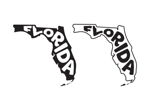 "FLORIDA" hand-drawn typography stretched inside state outline. Two vector versions: solid black with negative-space text and bold outline style. Perfect for t-shirts, stickers, souvenirs.