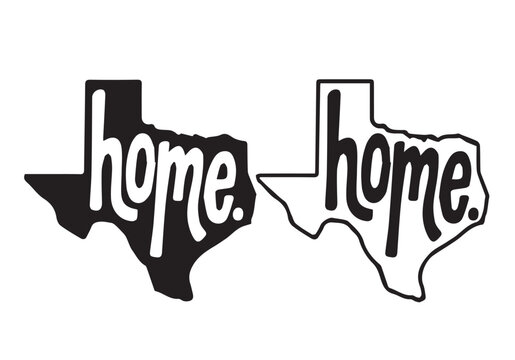 "home" hand-lettered typography inside Texas state outline. Two vector versions: solid black and white outline. Perfect for t-shirts, stickers, souvenirs, and state pride apparel.