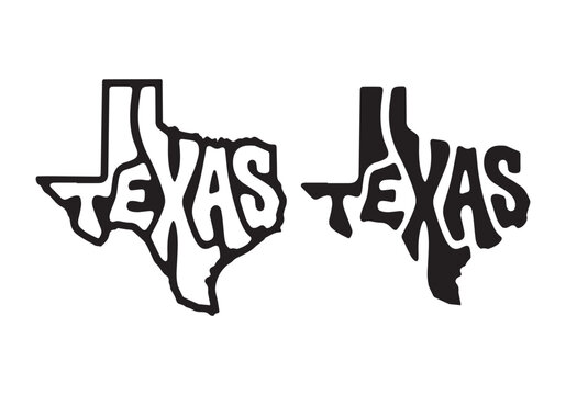 Bold TEXAS typography inside iconic state outline. Two vector versions: white outline and black silhouette with negative-space text. Perfect for t-shirts, stickers, posters, souvenirs.