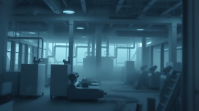 dimly lit industrial factory interior with dense fog and smoke