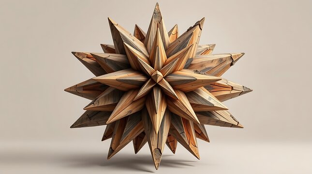intricate wooden stellated polyhedron sculpture on neutral background