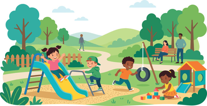 Happy diverse multicultural children playing together at a colorful outdoor playground in a public park during summer day.
