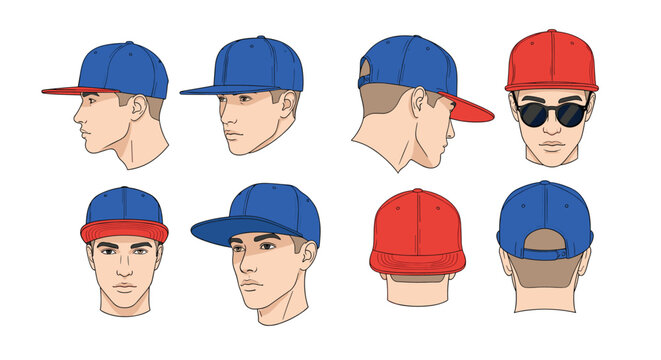 Reference sheet showing various views of a man's head wearing a baseball cap from different angles including front, side, and back.