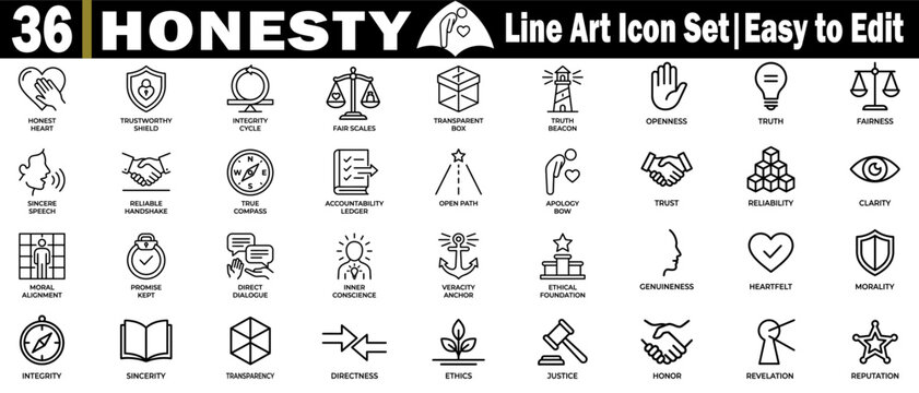 Honesty line art icon set, easy to edit, integrity, and ethical values.