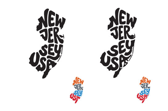 "New Jersey USA" bold hand-lettered typography inside state outline silhouette. Multiple black and multi-color vector versions. Ideal for t-shirts, stickers, posters, and travel souvenirs.