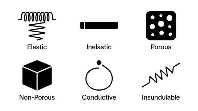 The icons of springs, blocks, and holes represent the diverse physical properties of materials such as elasticity, non elasticity, porosity, conductivity, and resistance to bending.
