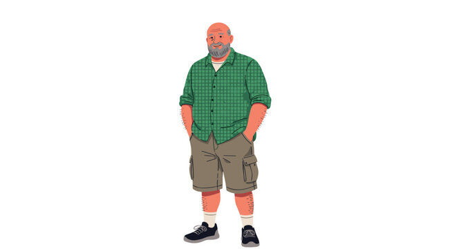 Casual middle-aged man with a graying beard wearing a green plaid shirt and cargo shorts standing against a plain white background.