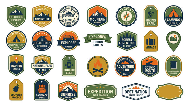 Outdoor adventure badge vector set with camping patches, mountain labels, hiking emblems, compass seals, explore tags and expedition logo designs