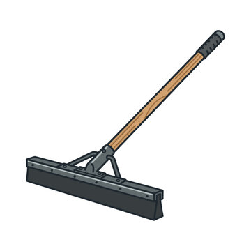 A cartoon illustration of a floor squeegee with a wooden handle and a rubber blade, isolated on a white background.