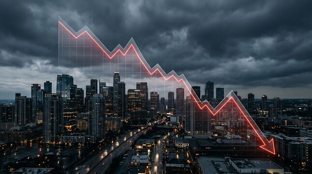 Downward Trend of Economic Recession Illustrated Over a Cityscape with a Red Falling Graph Overlay
