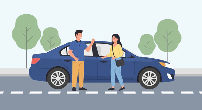 Man waving goodbye to woman getting into car on street with trees background