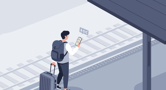 Man with backpack and suitcase checking phone at train station platform