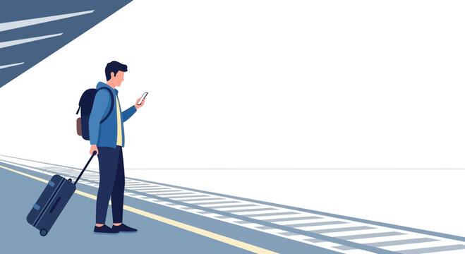 Man with backpack and suitcase on train platform checking phone, travel concept