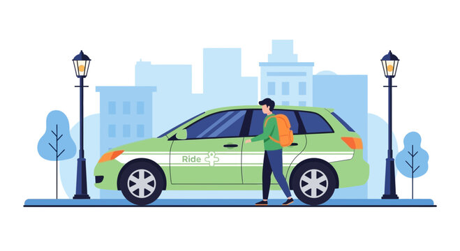 Man with backpack approaches green ride-sharing car on city street with buildings