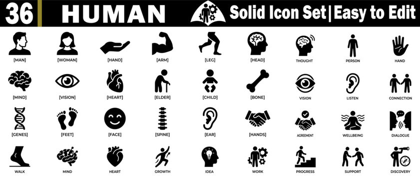 Human body parts solid icon set, ideal for editing human anatomy.