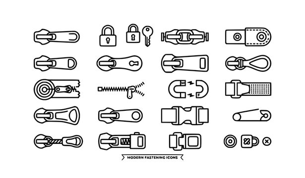 Modern zipper lock and pull tab icon pack vector illustration for fashion accessories