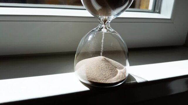 Hourglass with sand flowing on a windowsill in natural sunlight. Strong light and shadow create a concept of time passing, deadlines, and daily life moments.