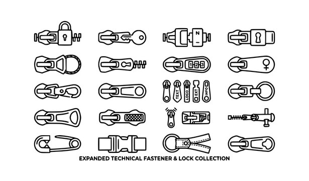 Technical zipper puller and lock icon collection vector illustration for textile industry
