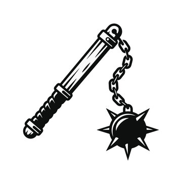 A black and white vector illustration depicting a medieval flail weapon, featuring a spiked mace head attached by a chain to a handle, isolated on a white background.